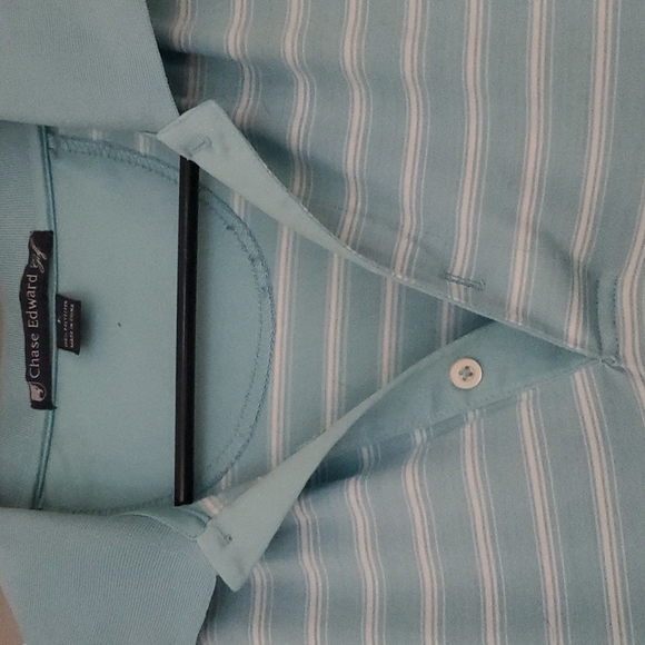 Chase Edward Golf Shirt. Blue/White stripes. Size Large. - Picture 3 of 4